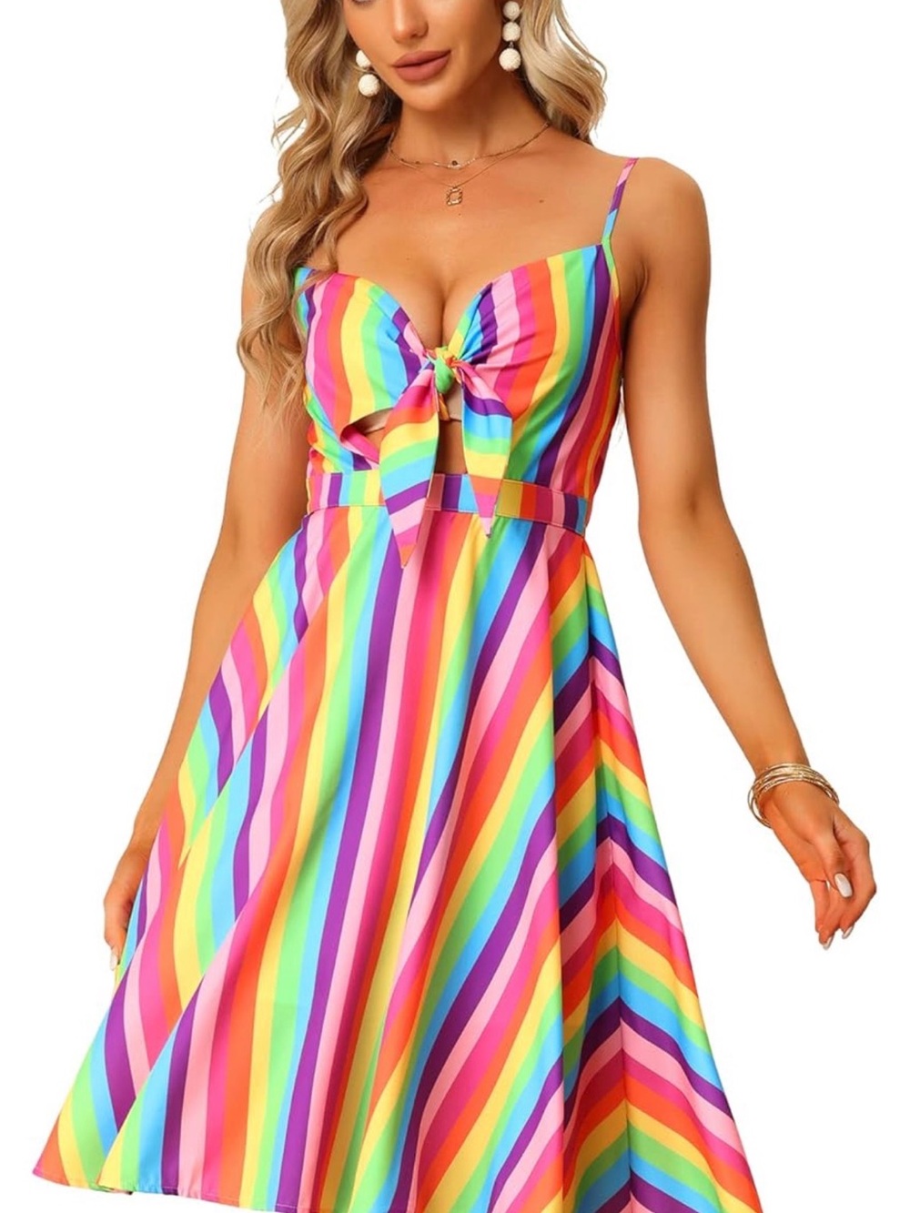 Allegra K Multicolor Rainbow Stripe Tie-Front Midi Dress